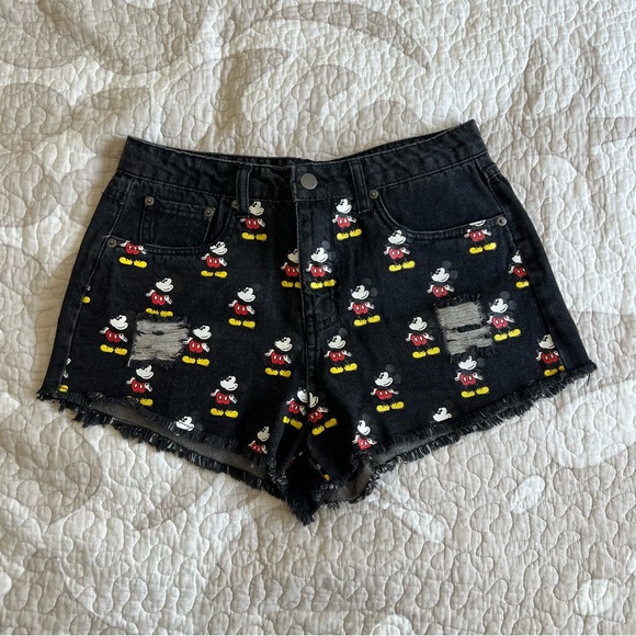 Disney Black Mickey Mouse Distressed Denim Jean Shorts Size 28 - Picture 3 of 8
